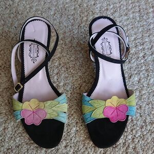 Lulu Guinness London wedge flower suede sandals size 36.5